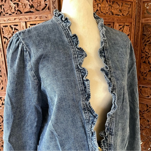 Vintage Unbranded Denim Jean Open-Front Jacket with Ruffle Hemline - Picture 6 of 10